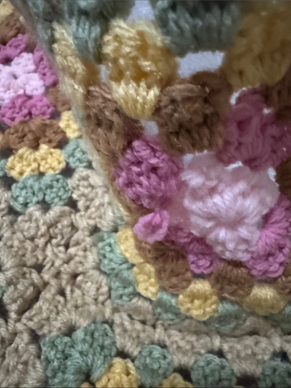 Handmade Blanket-Crocheted Granny Square-Pink/Brown/Green/Yellow-Gently Used